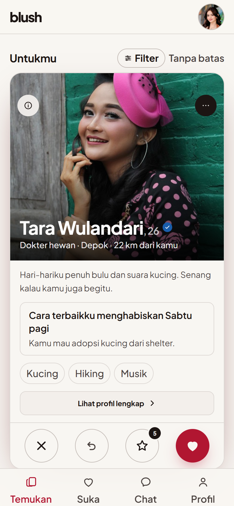 Kartu profil Damar di deck Blush, lengkap dengan bio, prompt, dan minat