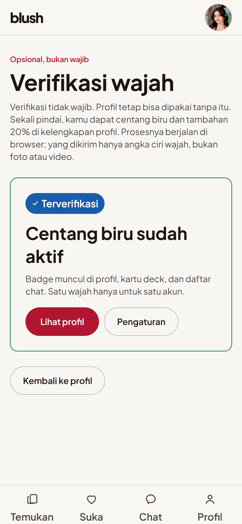 Halaman verifikasi wajah Blush